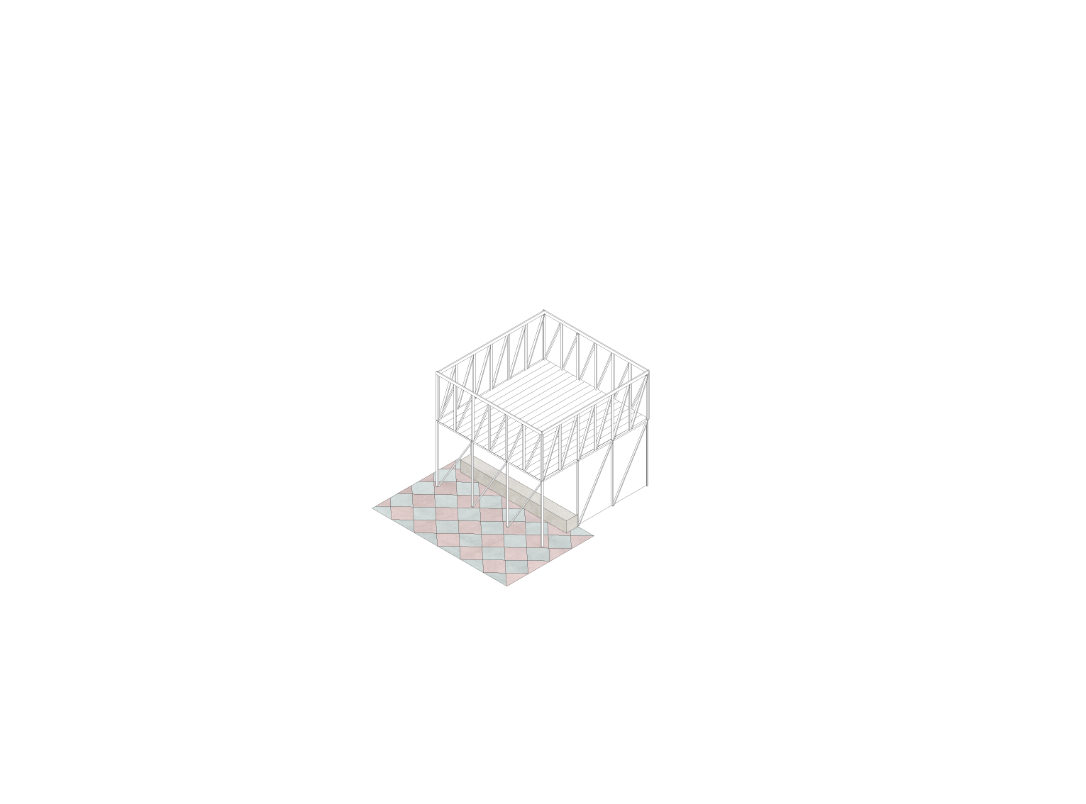 Drawn axonometric of a room scale folly.